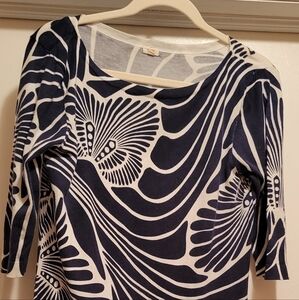 J. Crew Navy and White Abstract 3/4 Length  Sleeve Dress. Size L